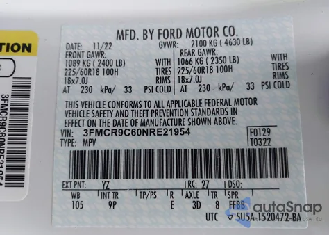 2022 Ford Bronco Sport Outer Banks from USA, damaged, VIN 3FMCR9C60NRE21954